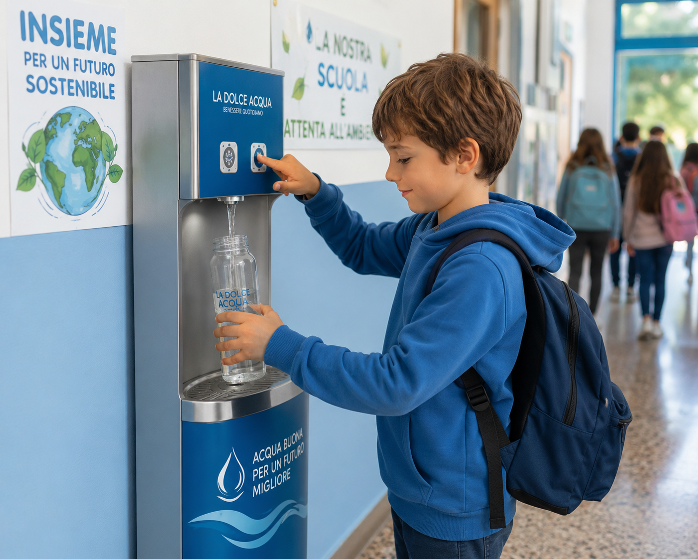 Ragazzo con zaino riempie una bottiglia da una fontanella d’acqua in corridoio scolastico.